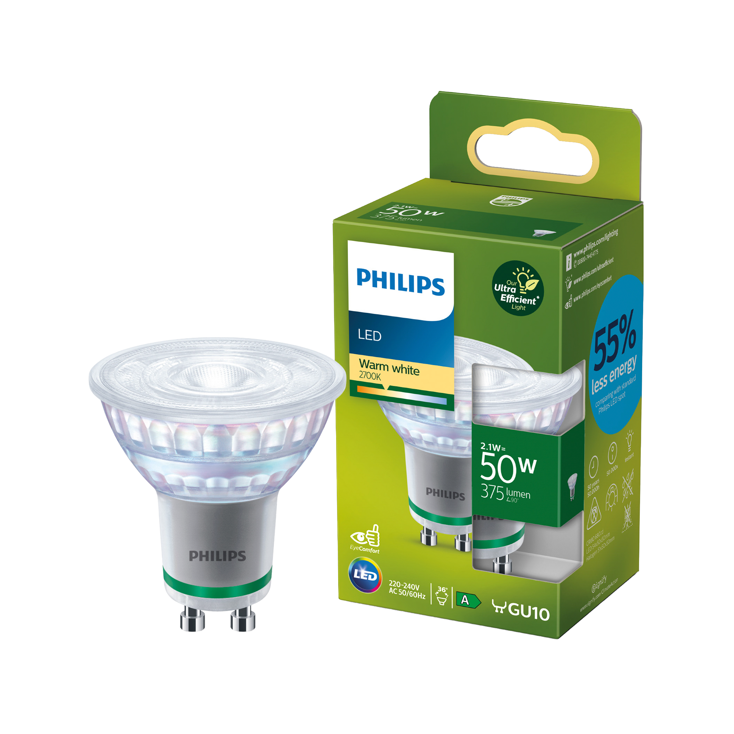 Żarówka LED GU10 2.1 W = 50 W 375 lm Ciepła biel Philips Klasa A