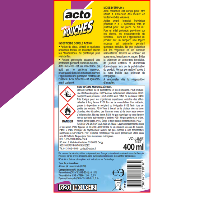 Aérosol insecticide moustiques dont moustique tigre ACTO 500 ml