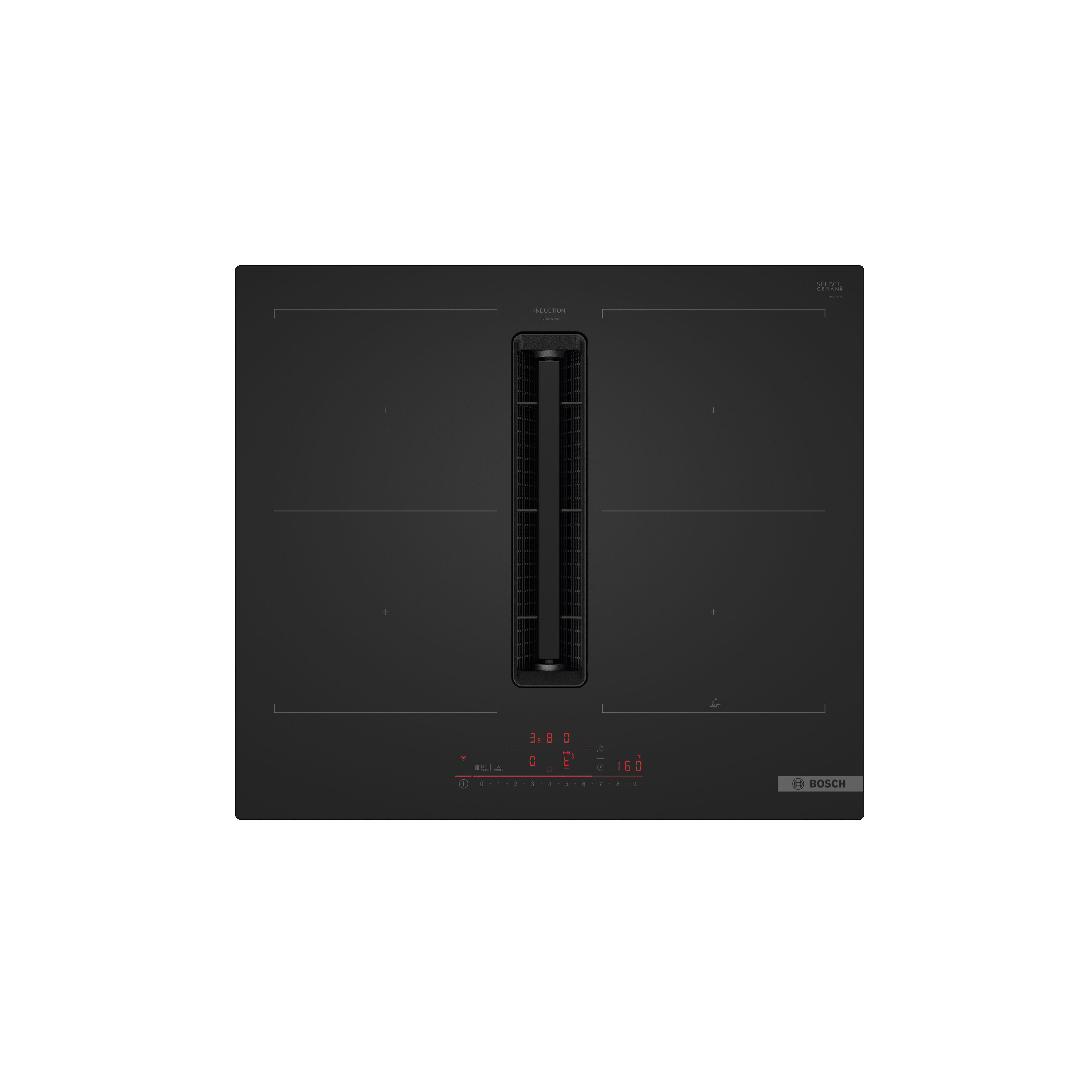 placa de induccion con extractor bosch pvq61ah26e con 4 zonas de coccion y zona flex 7400w negro 60 cm
