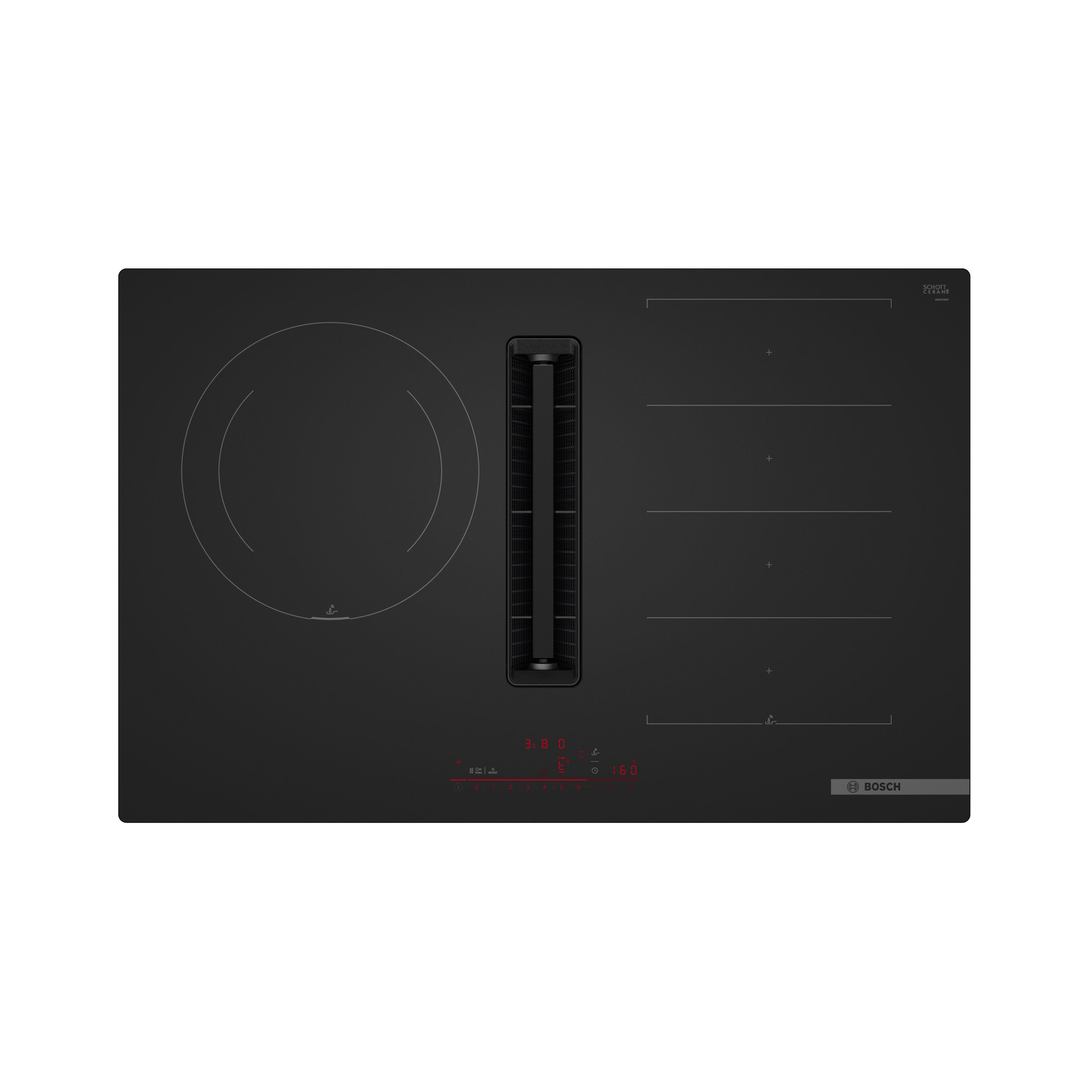 placa de induccion con extractor bosch pxj81ah21e con 3 zonas de coccion y zona flex 7400w negro 80 cm