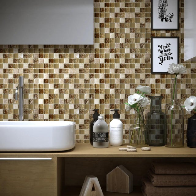 Piastrella Mosaico in pietra Tes23 miele e bianco e beige L 30 x L 30cm x Sp. 80 mm, 11 pezzi