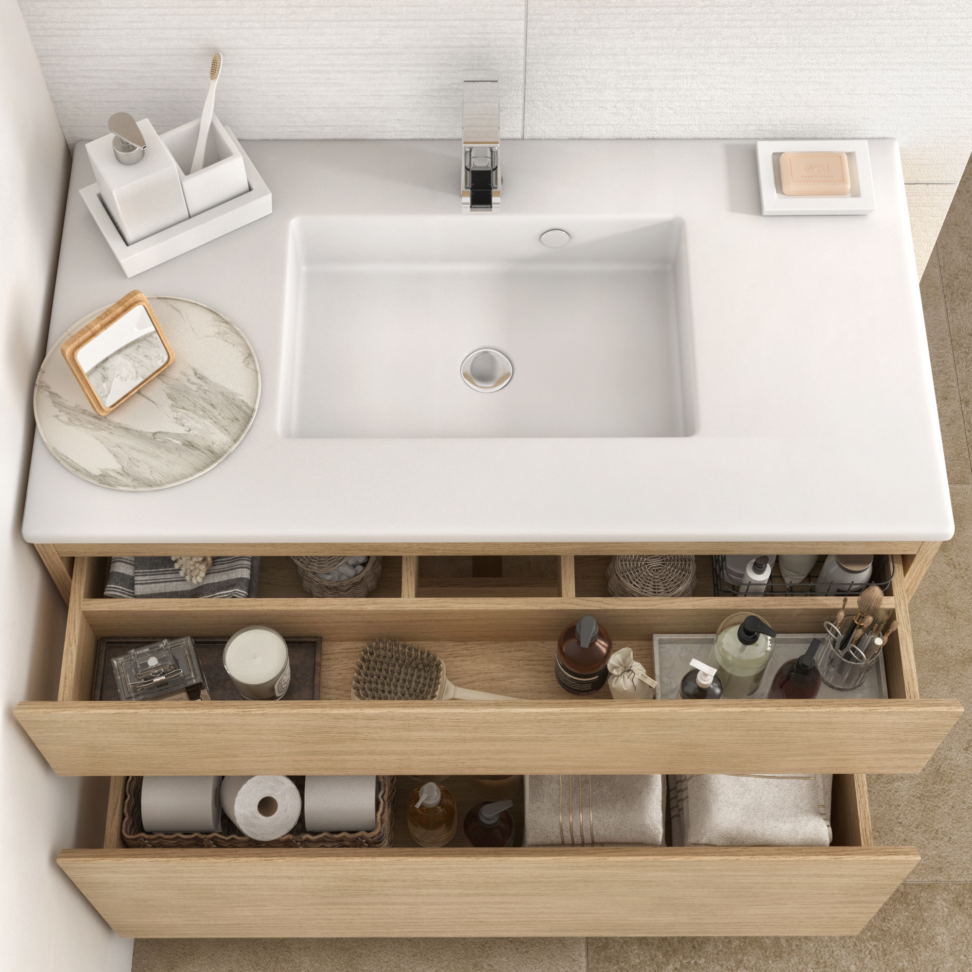 Meuble vasque l.90 x H.40.5 x P.48cm plaqué chêne Natural - 3