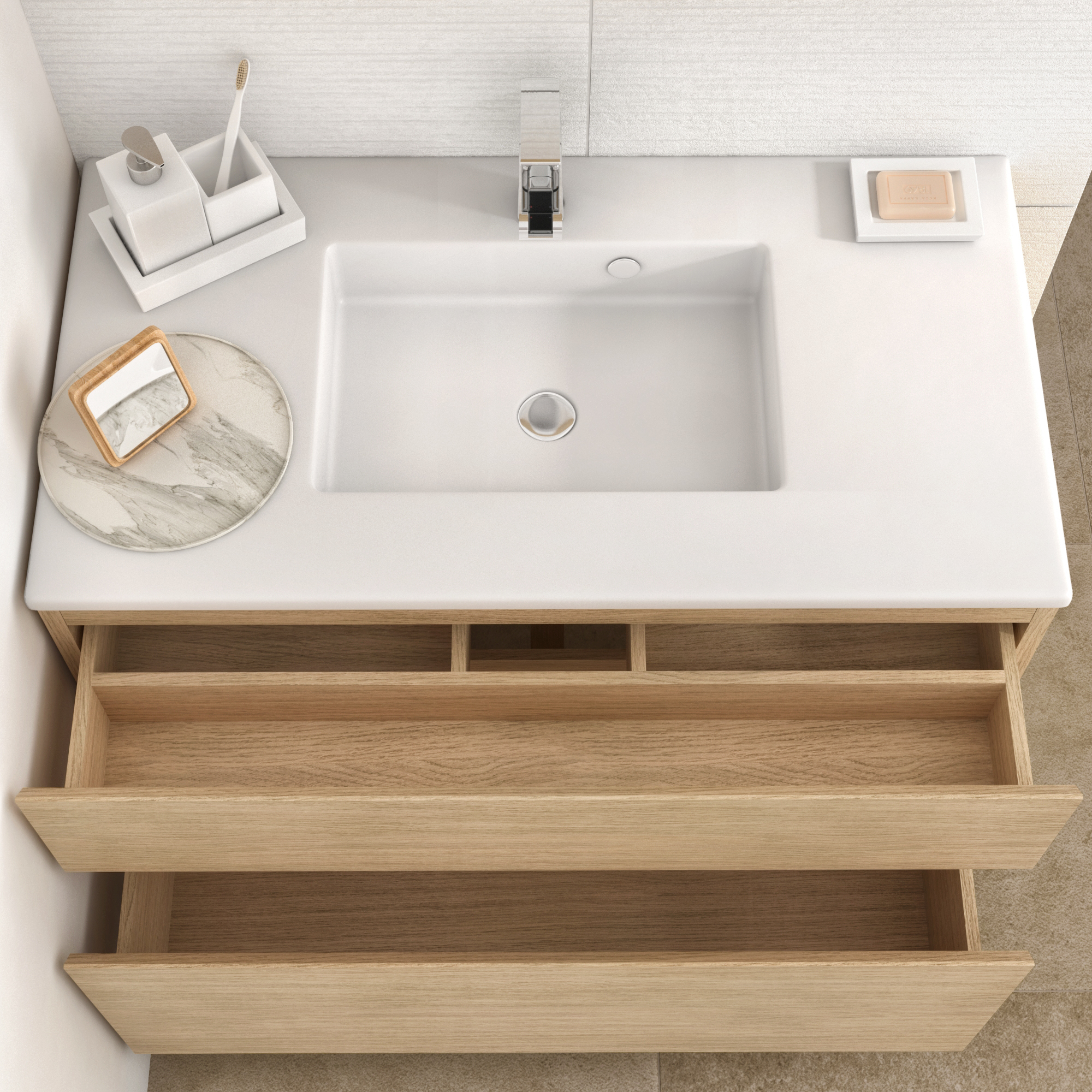 Meuble sous-vasque L.90cm x H.62.5cm x P.48cm placage chêne Natural - 3