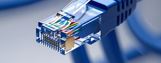 Zbliżenie na wtyk RJ45 z widocznymi kolorowymi żyłami kabla Ethernet.