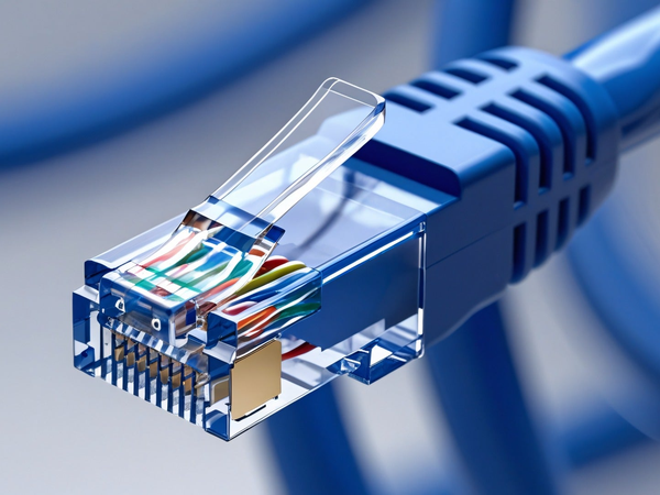 Zbliżenie na wtyk RJ45 z widocznymi kolorowymi żyłami kabla Ethernet.