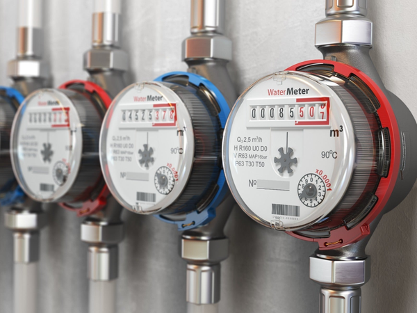 Elektroniczny wodomierz z wyświetlaczem cyfrowym zamontowany na instalacji wodnej.