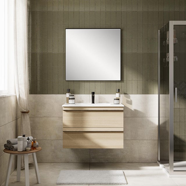 Mobile Linea L 80 H 55 P45 in laminato rovere natura 2 cassetti a chiusura ammortizzata e lavabo in ceramica vasca centrale