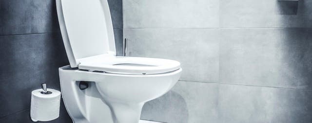 Białą podwieszana toaleta ceramiczna z otwartą deską sedesową w nowoczesnej łazience z szarymi płytkami i uchwytami na papier toaletowy.