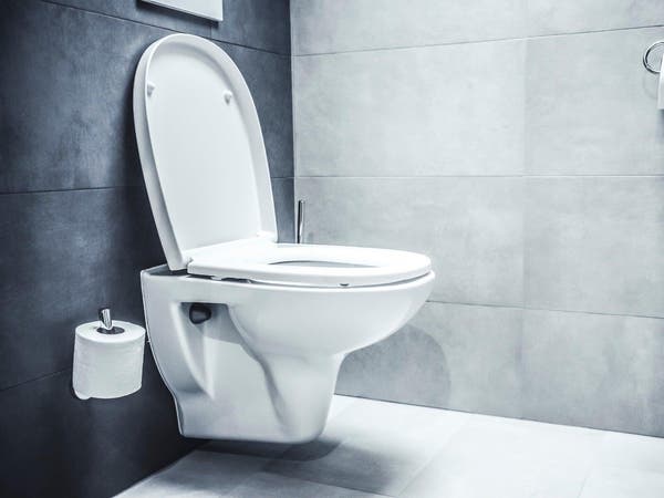 Białą podwieszana toaleta ceramiczna z otwartą deską sedesową w nowoczesnej łazience z szarymi płytkami i uchwytami na papier toaletowy.