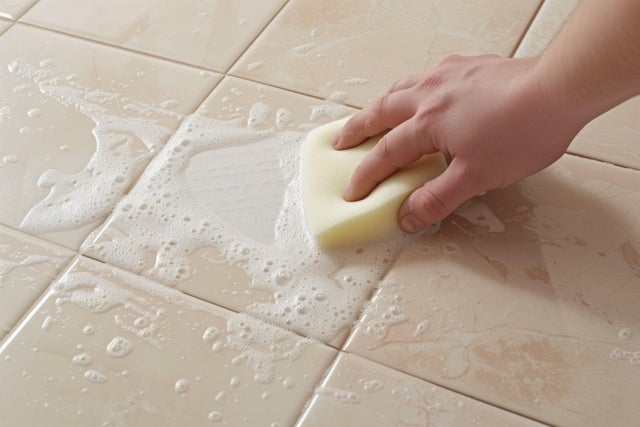 Ręka szorująca gąbką z pianą mydlaną beżowe płytki ceramiczne podczas czyszczenia podłogi lub ściany w łazience.