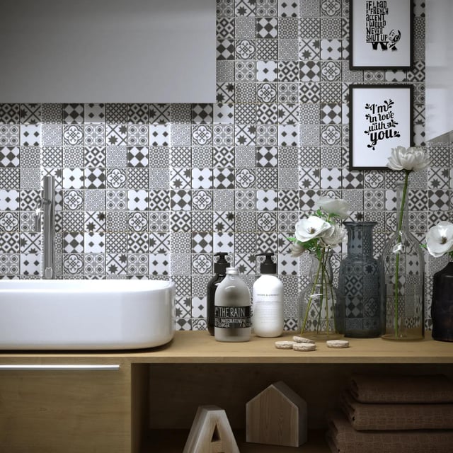 Mosaico in pietra Cementine Grigia bianco e grigio opaco L 30 x L 30cm x Sp. 8 mm, 14 pezzi