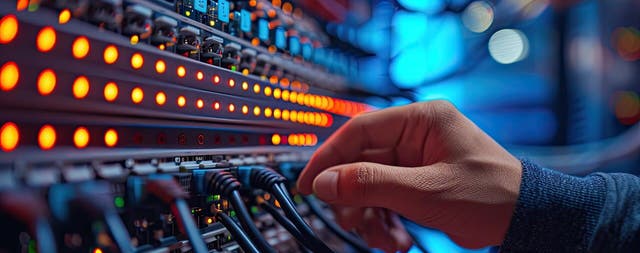Technik podłączający kable sieciowe do rozświetlonego panelu serwerowego z pomarańczowymi diodami LED w centrum danych.