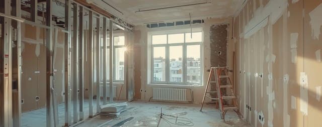 Wnętrze remontowanego mieszkania z metalową konstrukcją pod zabudowę z płyt kartonowo-gipsowych, drabiną i niezakończonymi ścianami działowymi.