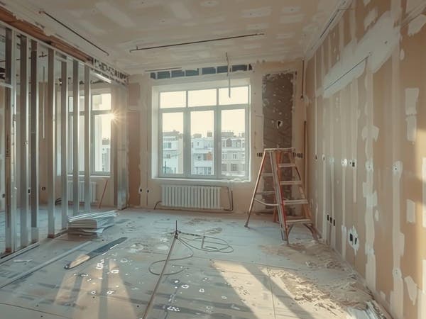 Wnętrze remontowanego mieszkania z metalową konstrukcją pod zabudowę z płyt kartonowo-gipsowych, drabiną i niezakończonymi ścianami działowymi.