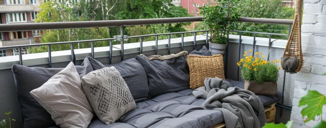 Balkon z siedziskiem z palet, szarymi poduszkami, kocem i roślinami doniczkowymi.