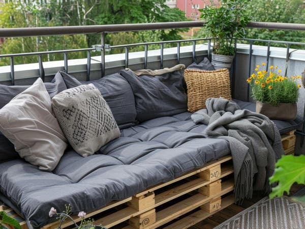 Balkon z siedziskiem z palet, szarymi poduszkami, kocem i roślinami doniczkowymi.