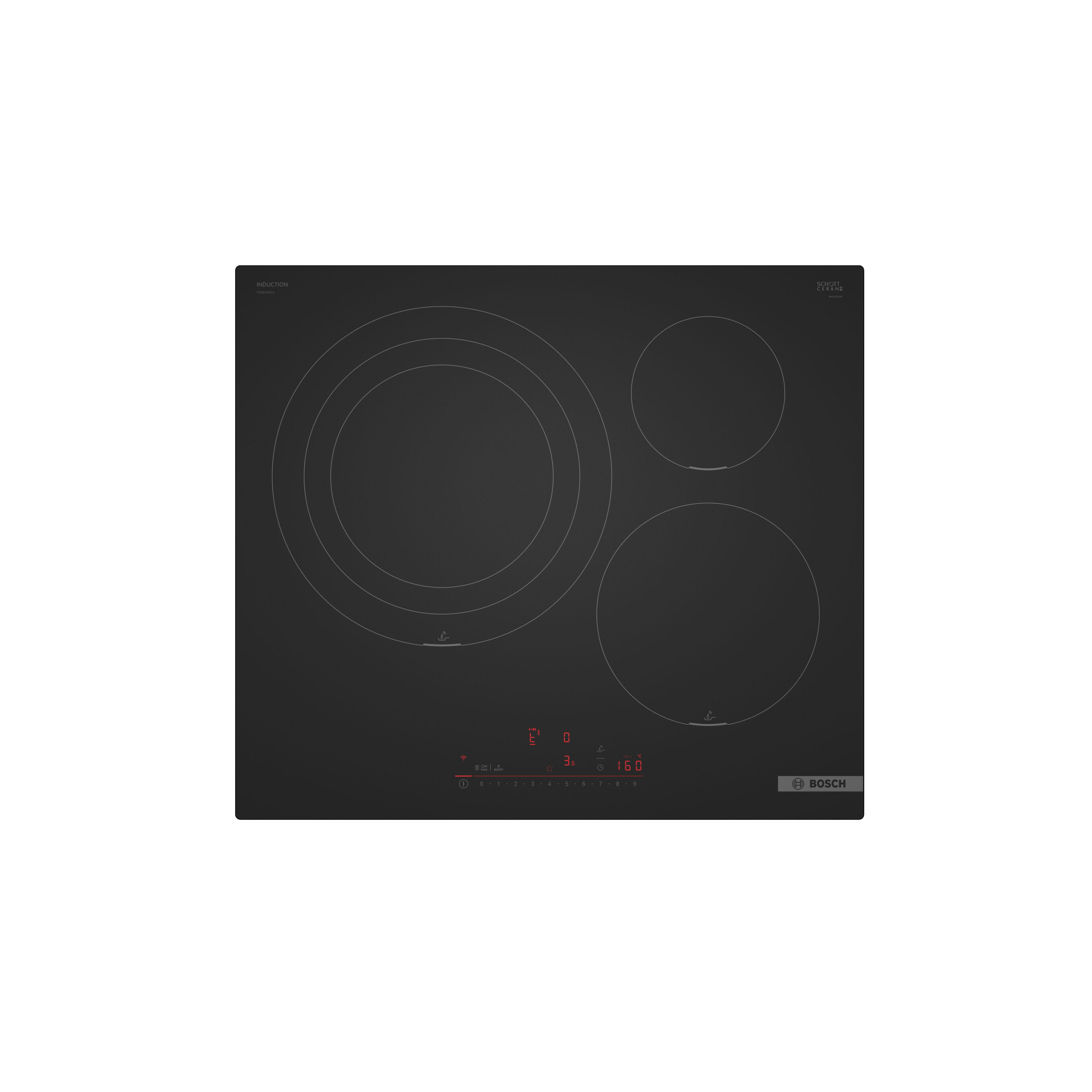 placa de induccion bosch pid61ahc1e con 3 zonas de coccion zona grande de 32cm 7400 w negro 60cm