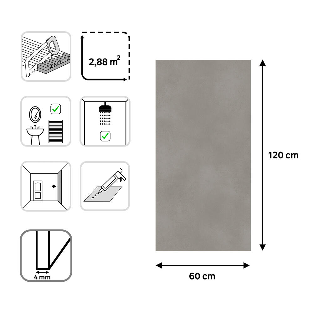 Revestimiento de pared decorativo efecto cemento vinílico SPC Core gris de 120x60cm - 3