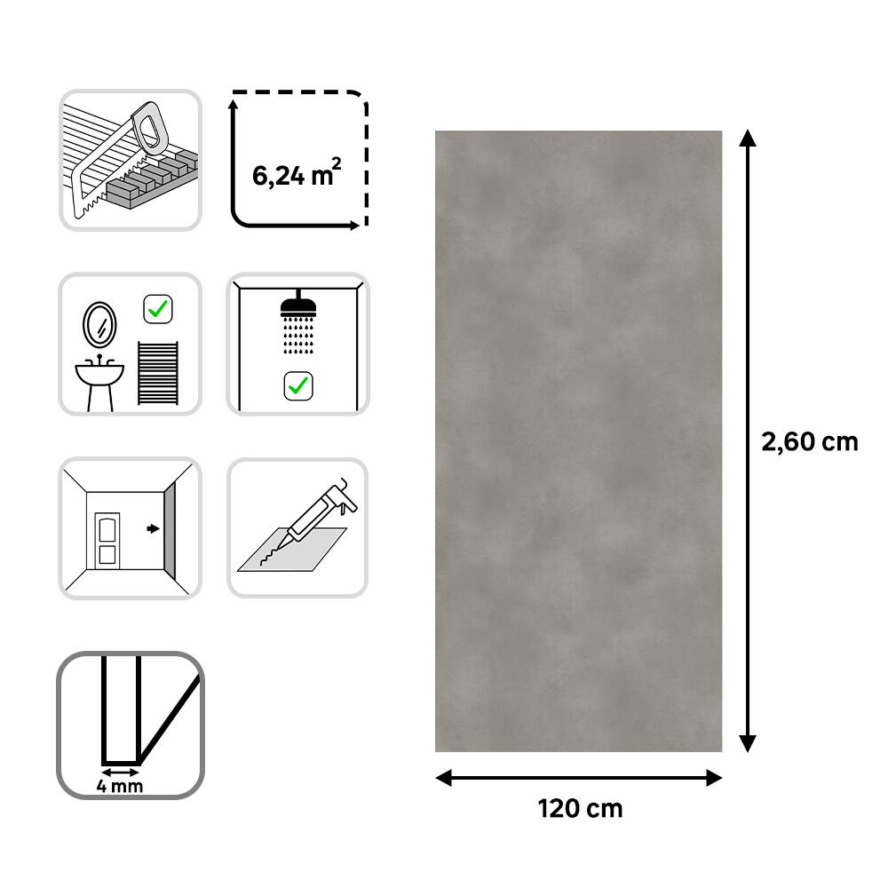 Revestimiento de pared decorativo efecto cemento vinílico SPC Core gris de 260x120cm - 3
