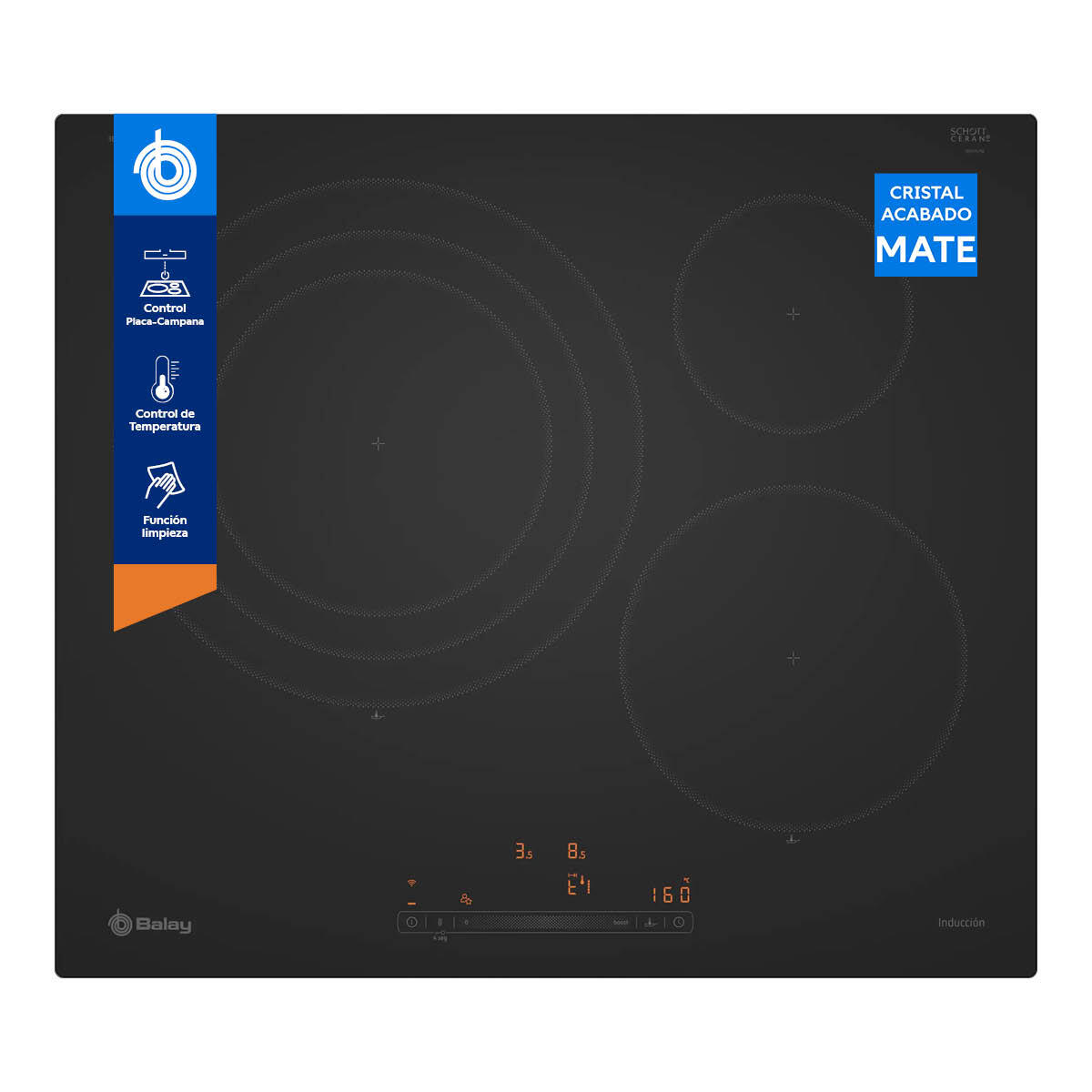 placa de induccion balay 3eb967mh con 3 zonas de coccion zona grande de 32cm 7400 w negro 60cm