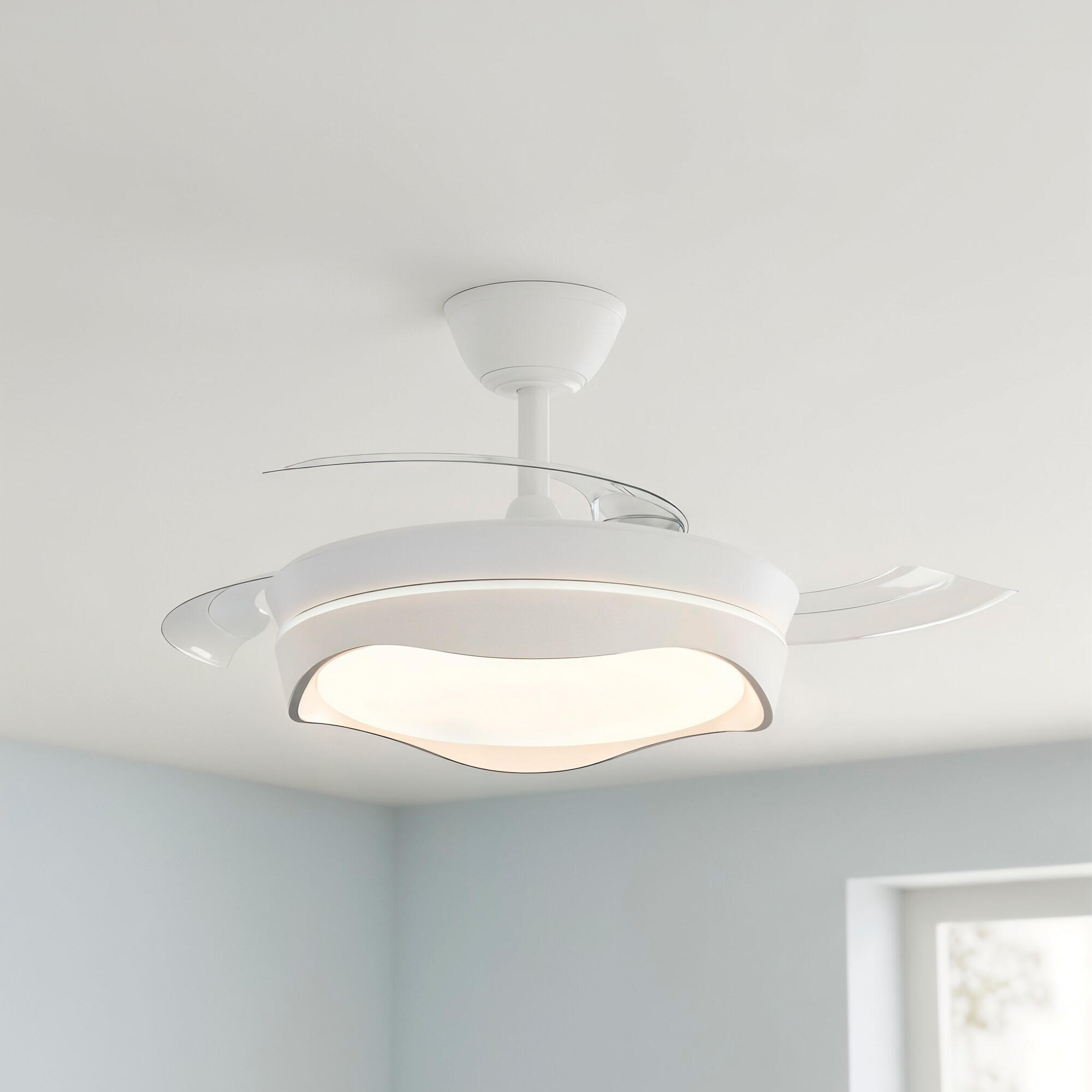 Ventilador de techo con luz silencioso DC 30W con mando ø92 cm Atlas CRISTAL RECORD blanco luz CCT 3 aspas retráctiles tipo lámpara| 7 velocidades| modo verano/invierno| brisa| recomendado para <13m² - 6