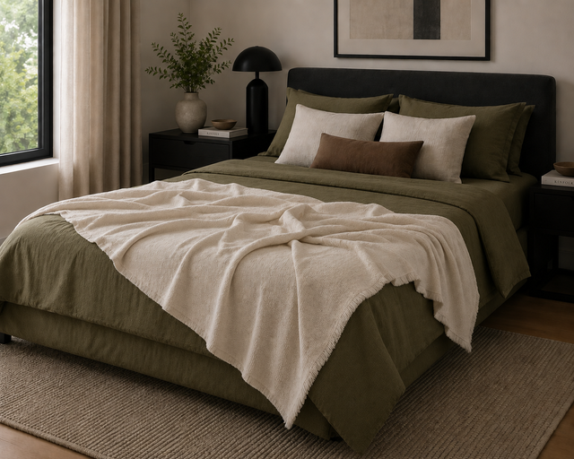 Manta algodón Jaspeado Crudo rectangular algodón beige liso passepoil de 280x230 cm