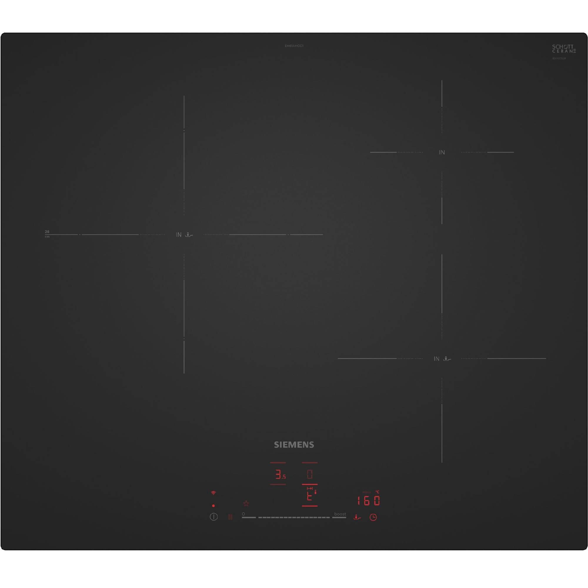 placa de induccion siemens eh61ahcc1e con 3 zonas de coccion zona grande de 28cm 7400 w negro 56cm