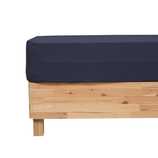 Drap housse Flora 2 personnes 160 x 200 cm, gaz de coton bleu