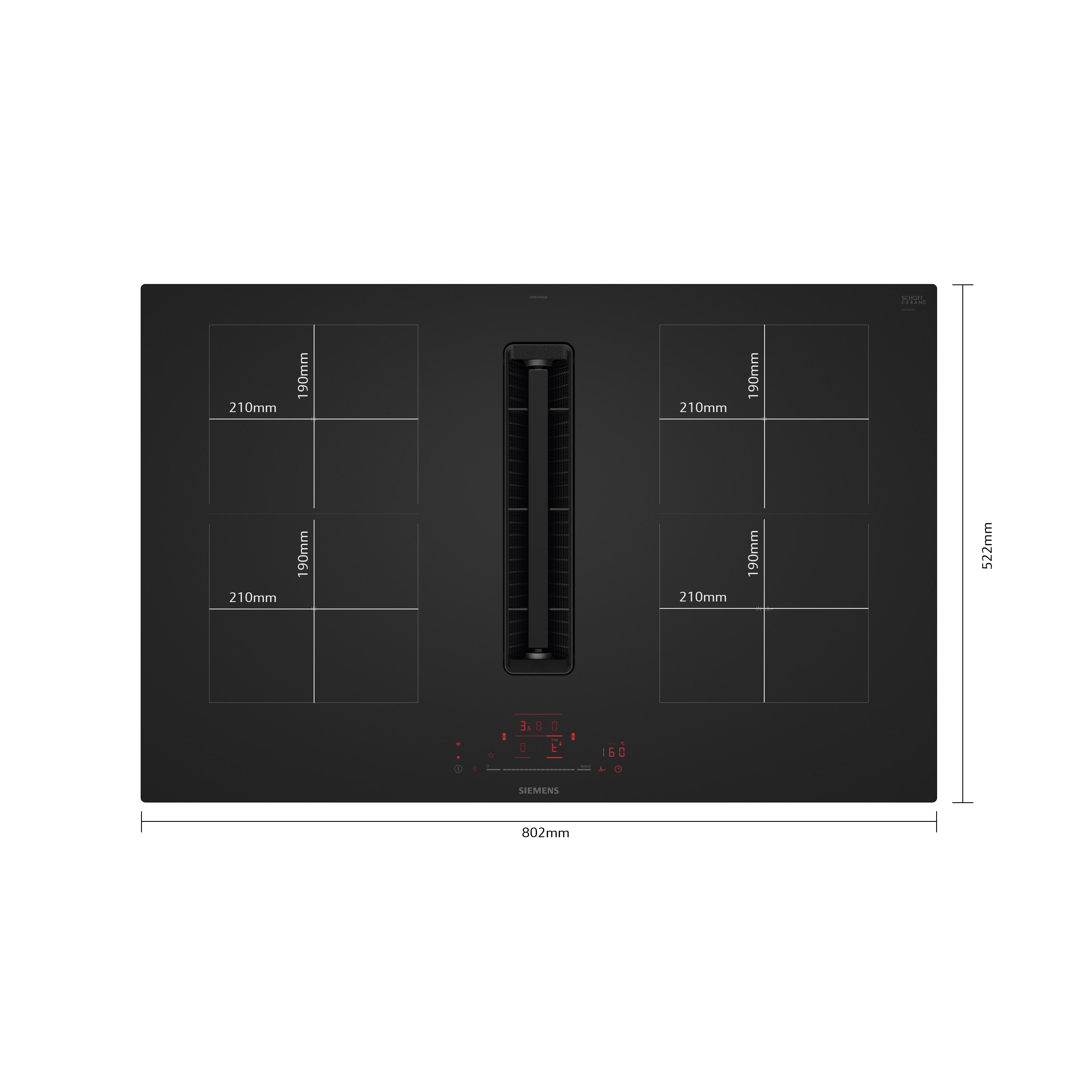 placa de induccion con extractor edesa ed81ahq26e con 4 zonas de coccion y zona flex 7400w negro 80 cm