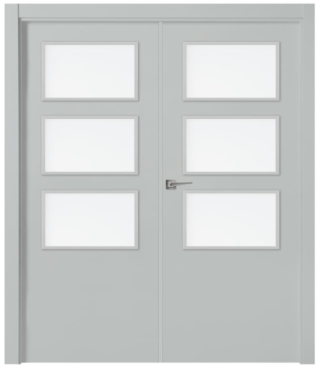 Puerta de interior abatible doble con cristal maciza melamina antihuellas Line Plus Niebla gris apertura derecha cerco 11x3 anchura 145cm