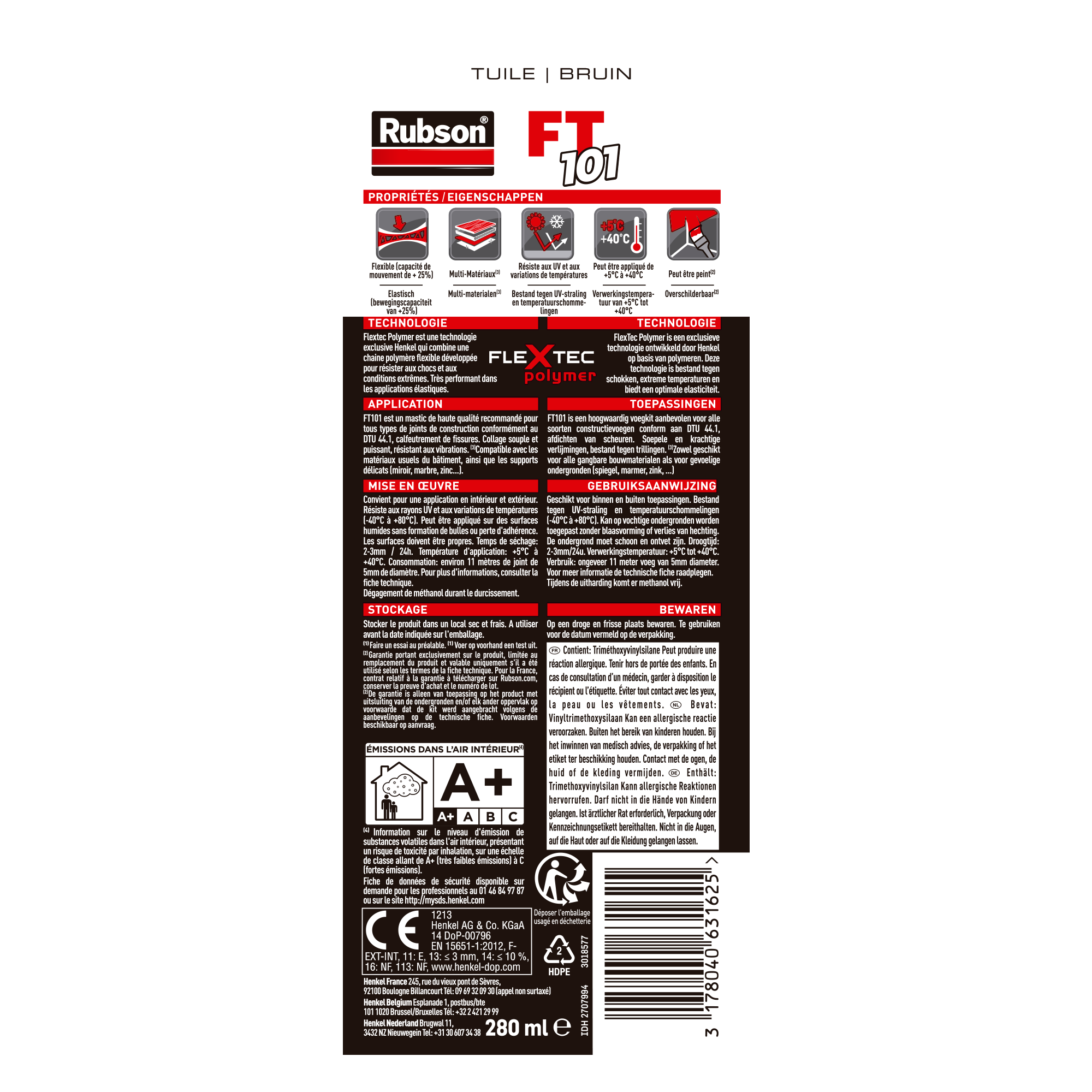 Mastic d'étanchéité Ft101 colle et jointe RUBSON tuile 280ml - 7