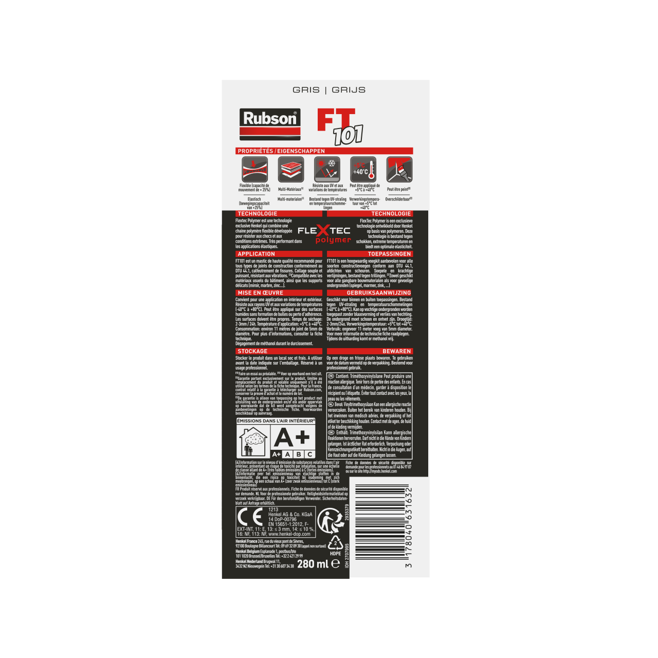 Mastic d'étanchéité Ft101 colle et jointe RUBSON gris 280ml - 8