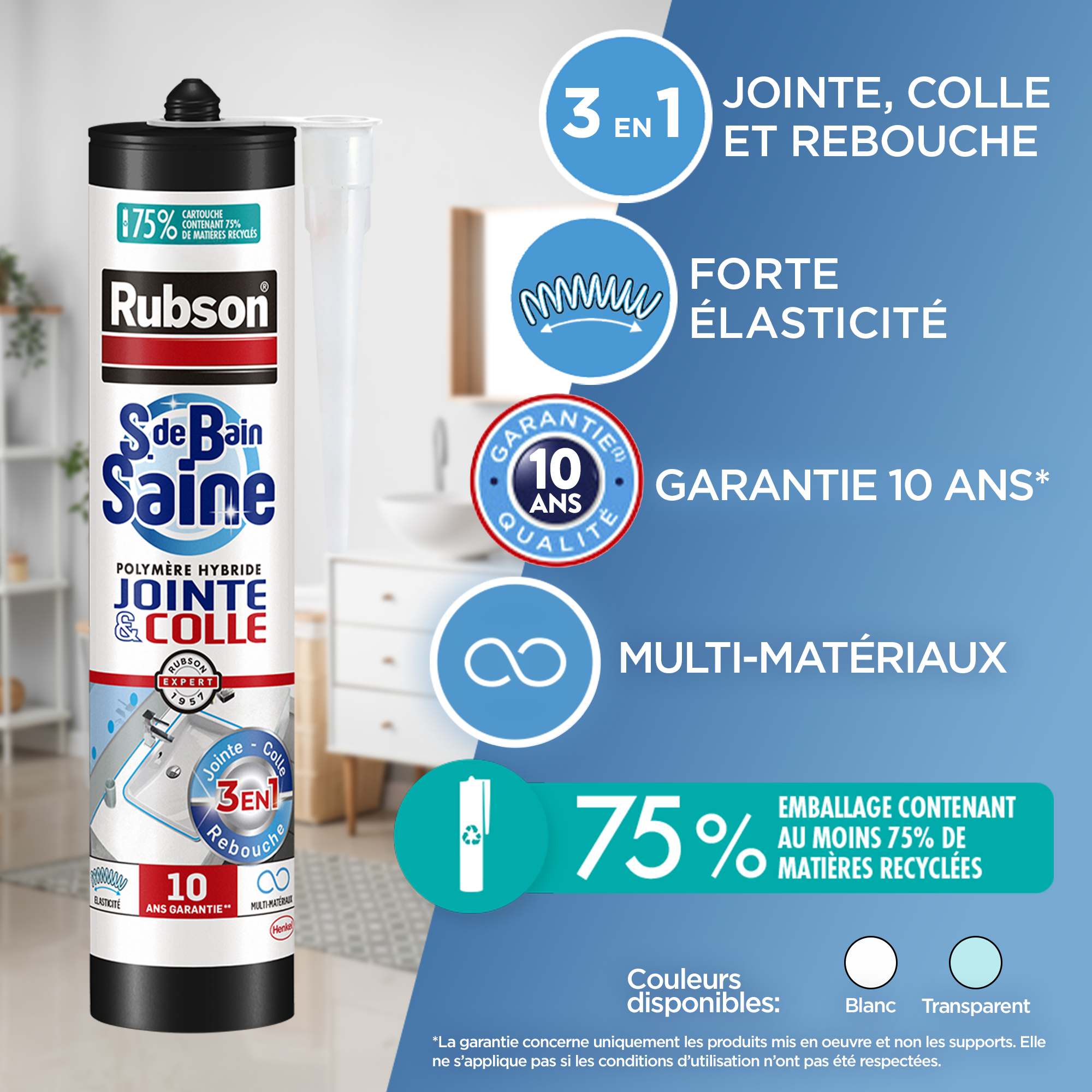 Mastic d'étanchéité Salle de bain saine jointe et colle RUBSON blanc 280ml - 2
