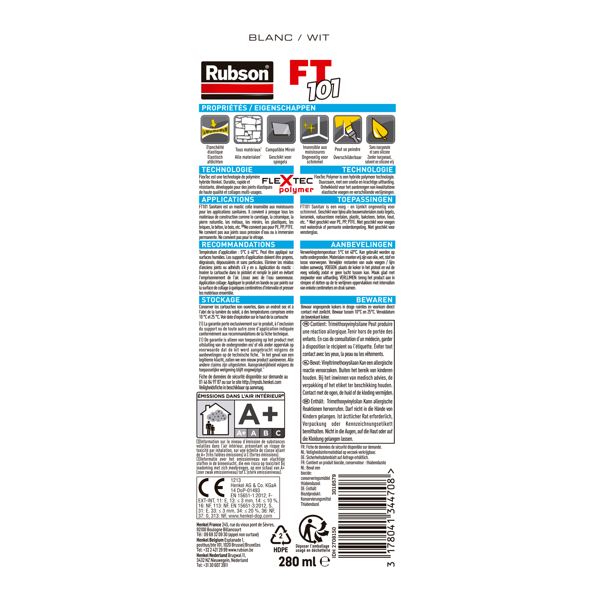 Mastic d'étanchéité Ft101 sanitaire RUBSON blanc 280ml - 8