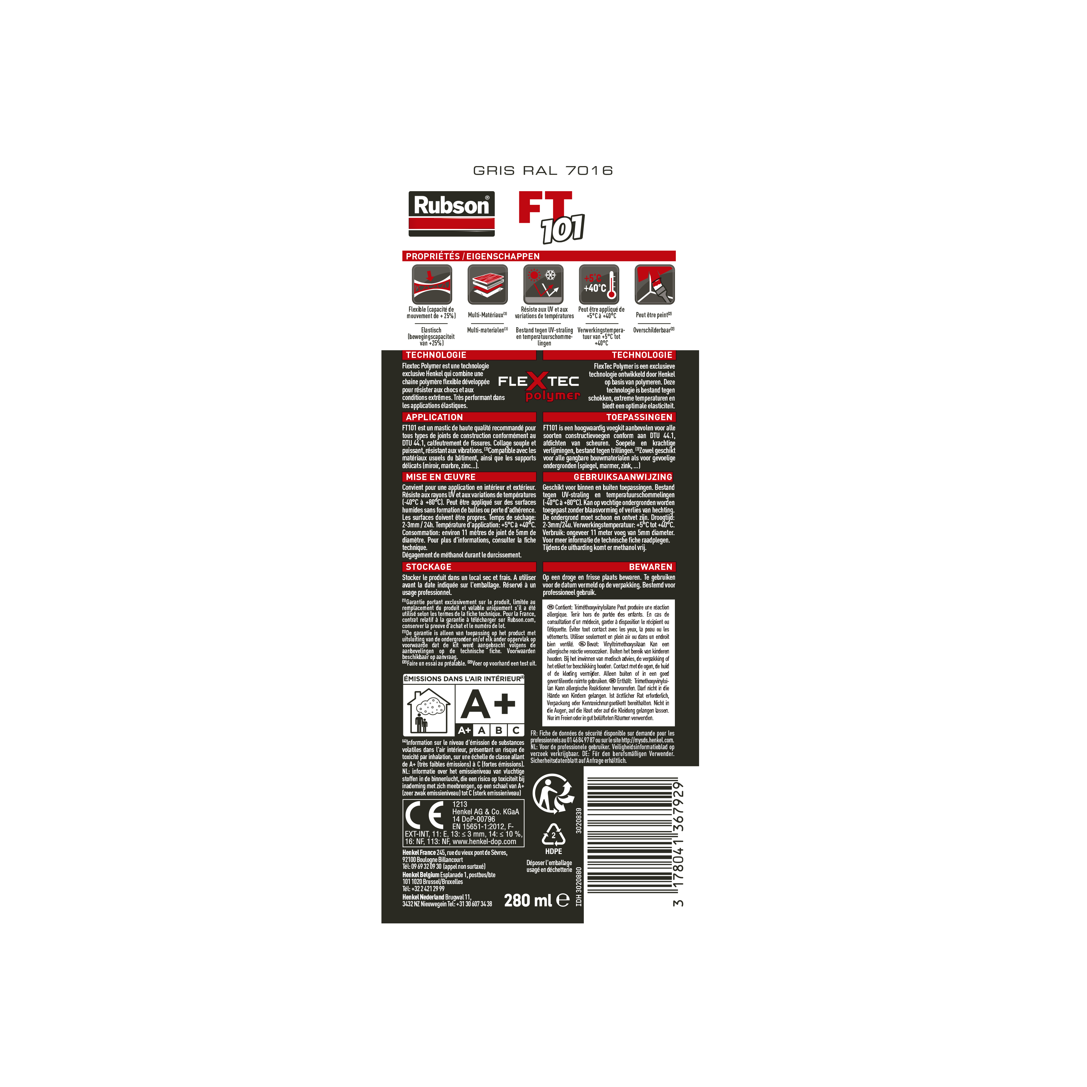 Mastic d'étanchéité Ft101 colle et jointe RUBSON gris 7016 280ml - 8