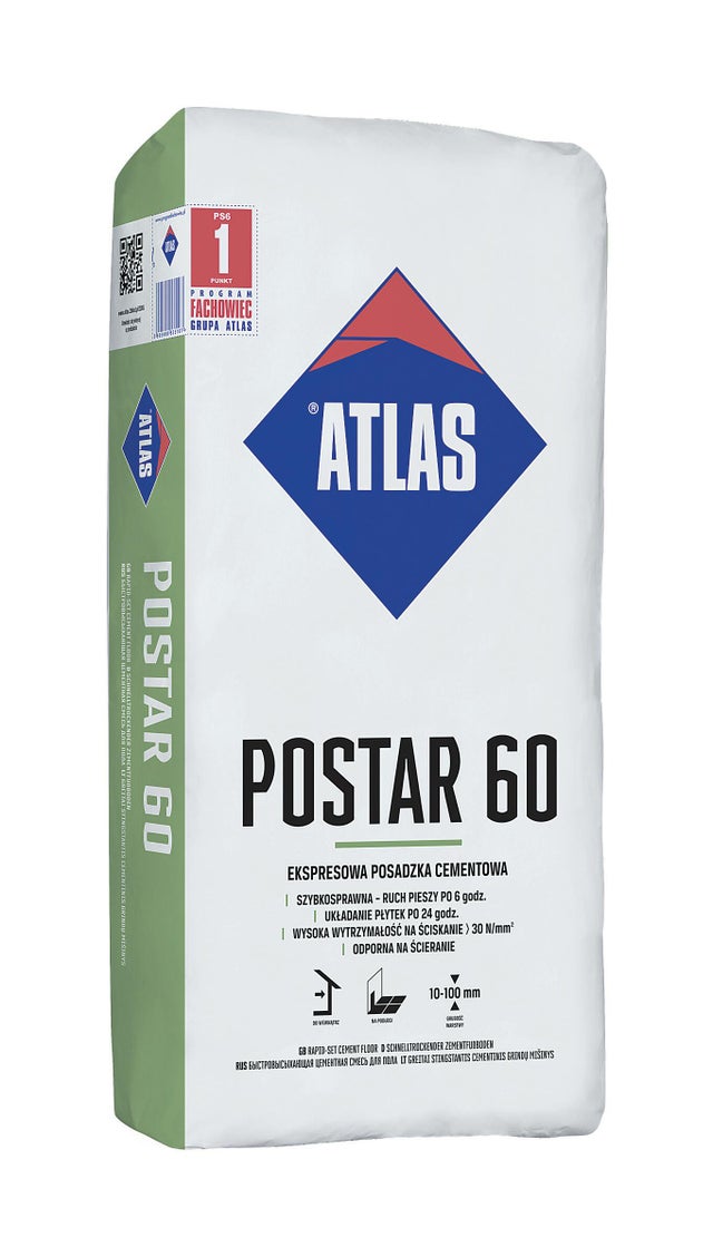 Posadzka cementowa Atlas Postar 60, CT-C30-F5-A9 25 kg, ekspresowa, 10-100 mm