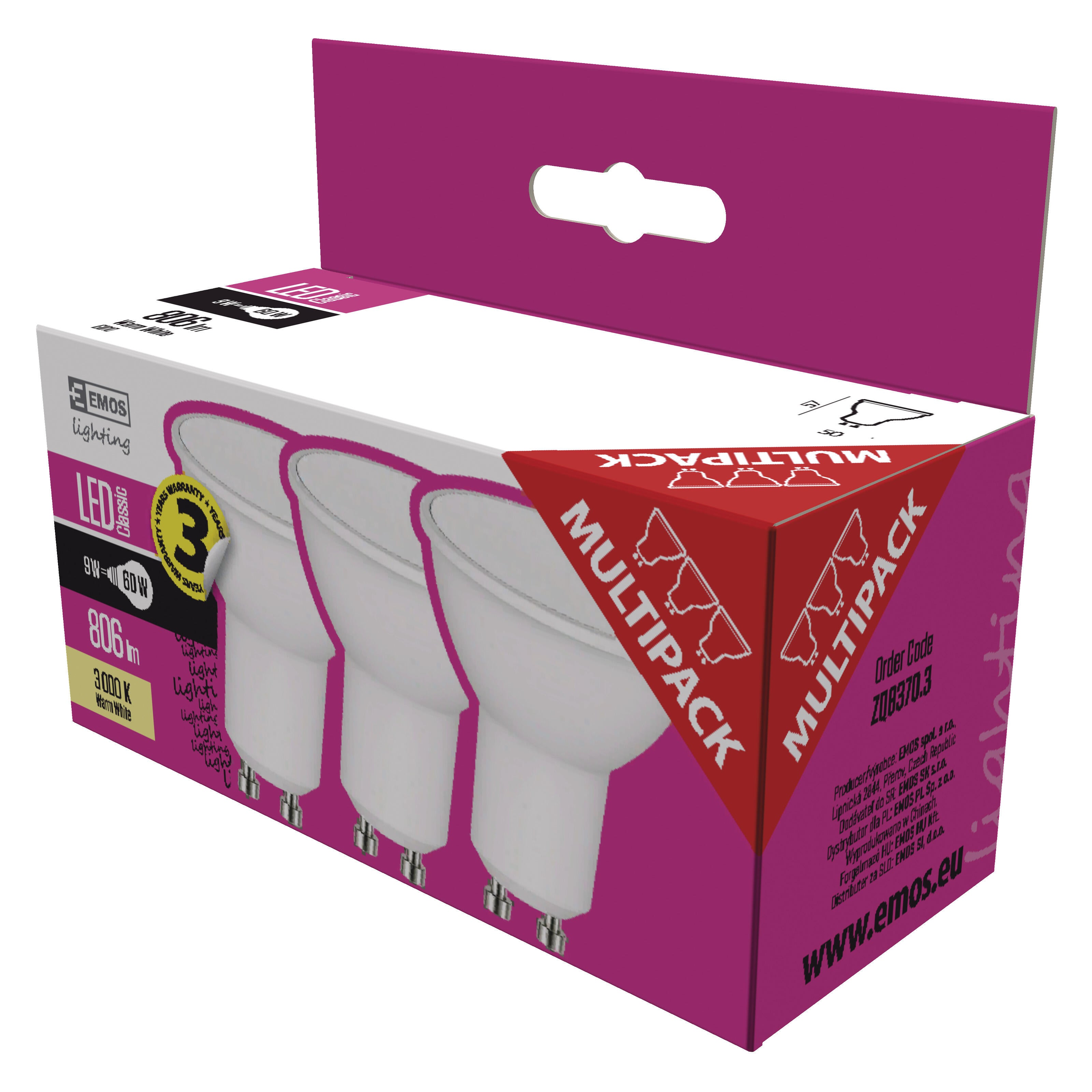 3x żarówka LED GU10 7W 806lm3000K - 2