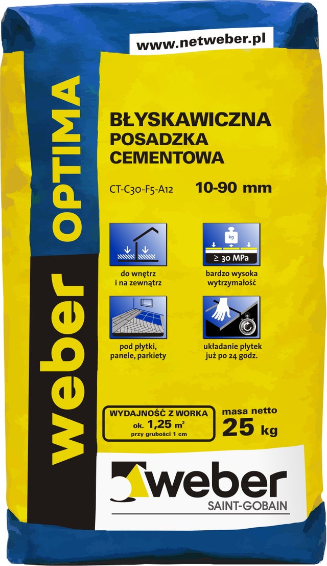 Posadzka cementowa Weber Optima, CT-C30-F5-A12 25 kg, błyskawiczna, 10-90 mm