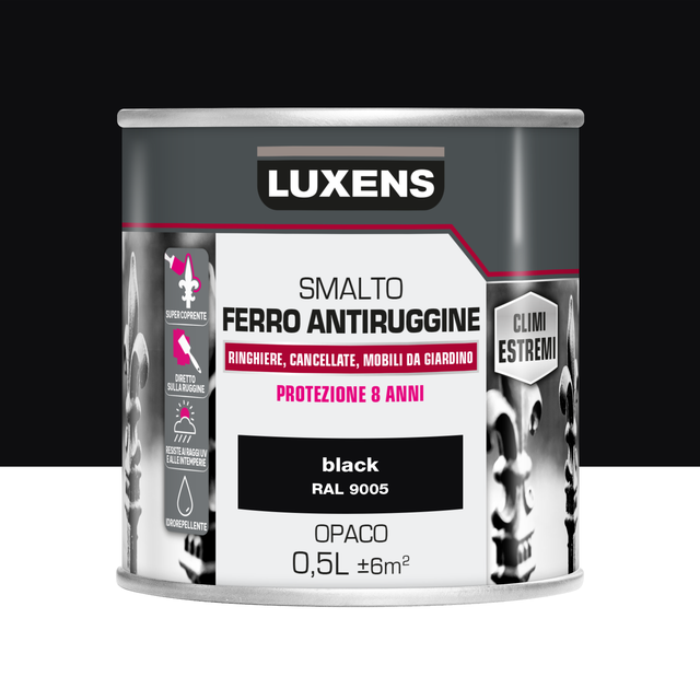 Vernice da esterno con solvente antiruggine per ferro LUXENS Climi estremi nero liscio opaco 0.5 L