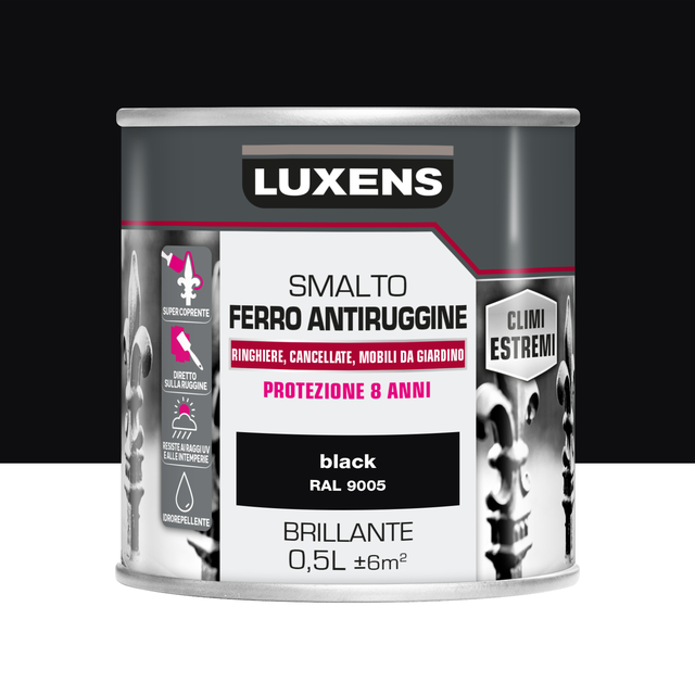 Vernice da esterno con solvente antiruggine per ferro LUXENS Climi estremi nero liscio lucido 0.5 L