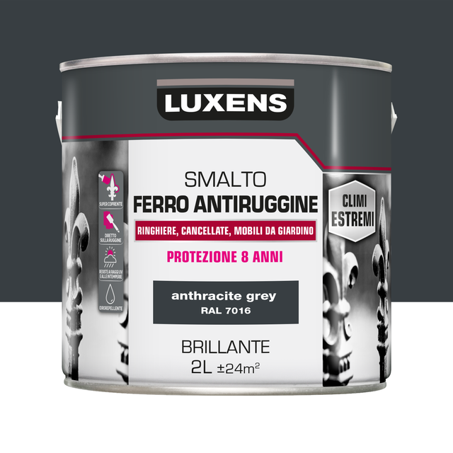 Vernice da esterno antiruggine per ferro LUXENS Climi estremi grigio antracite lucido, 2 l