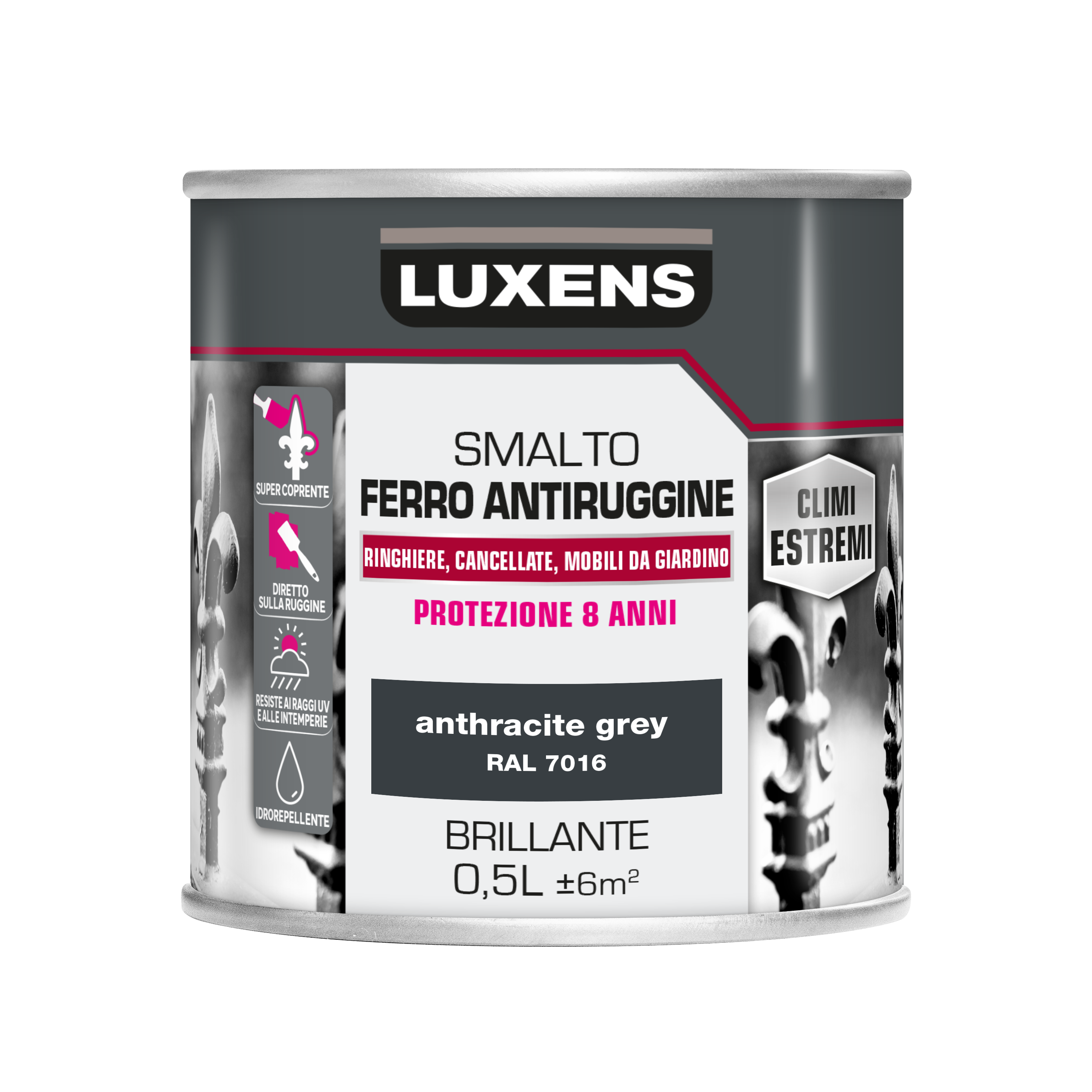 Vernice da esterno antiruggine per ferro LUXENS Climi estremi grigio antracite lucido, 0.5 l - 5