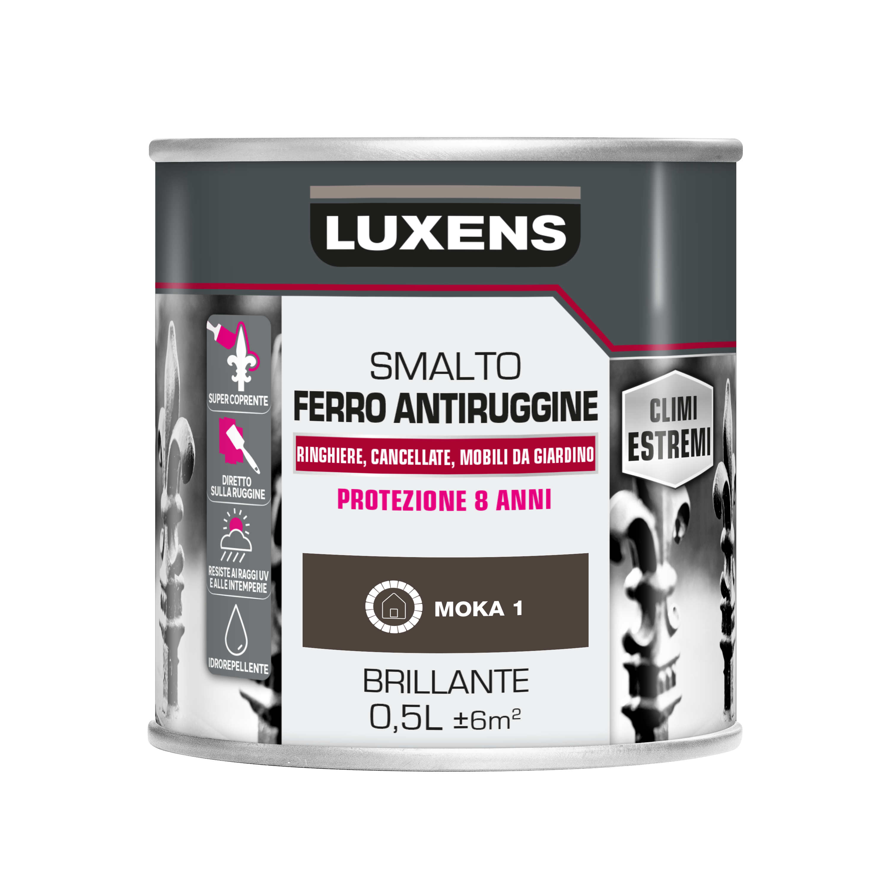 Vernice da esterno antiruggine per ferro LUXENS Climi estremi marrone moka lucido, 0.5 l - 5
