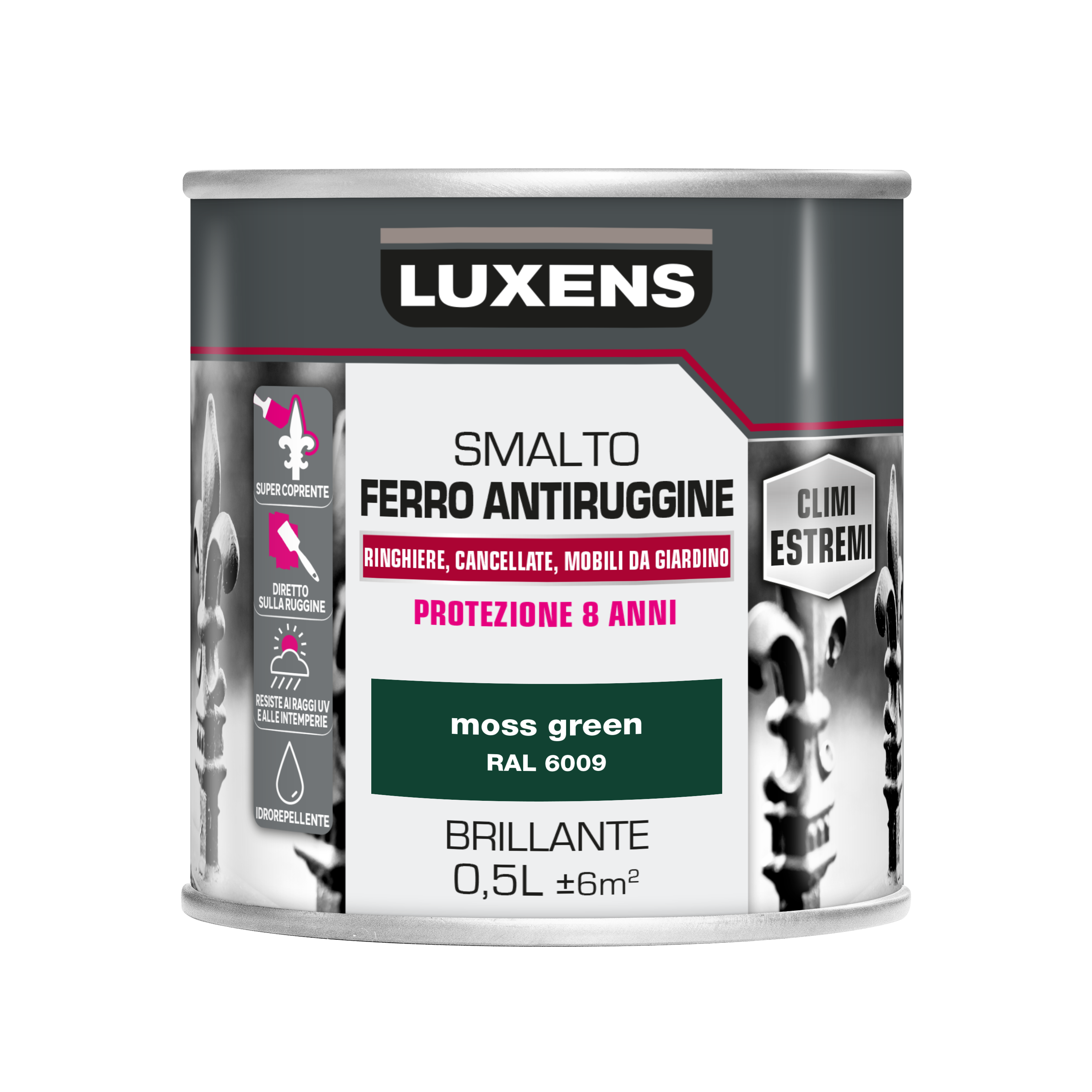 Vernice da esterno antiruggine per ferro LUXENS Climi estremi verde muschio lucido, 0.5 l - 5