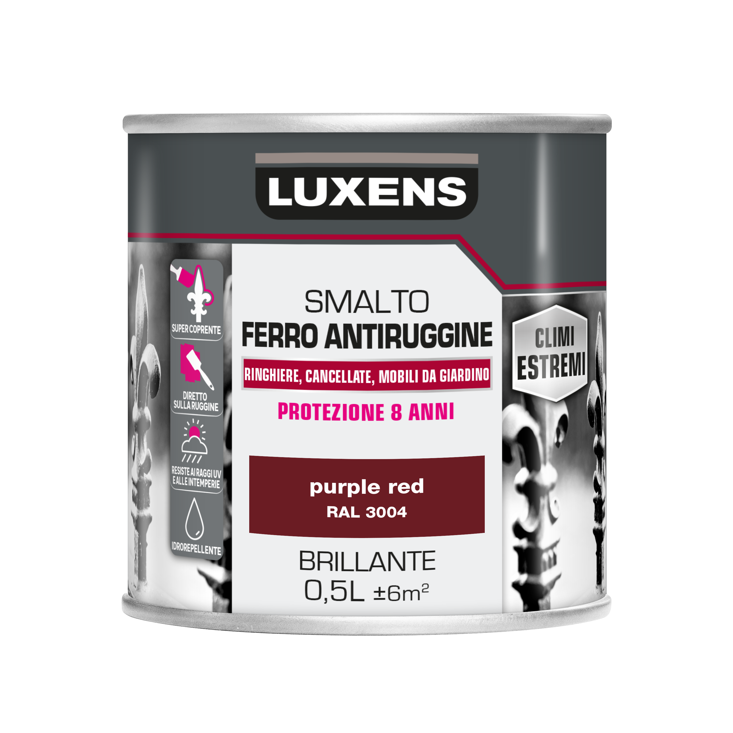 Vernice da esterno antiruggine per ferro LUXENS Climi estremi rosso porpora lucido, 0.5 l - 5