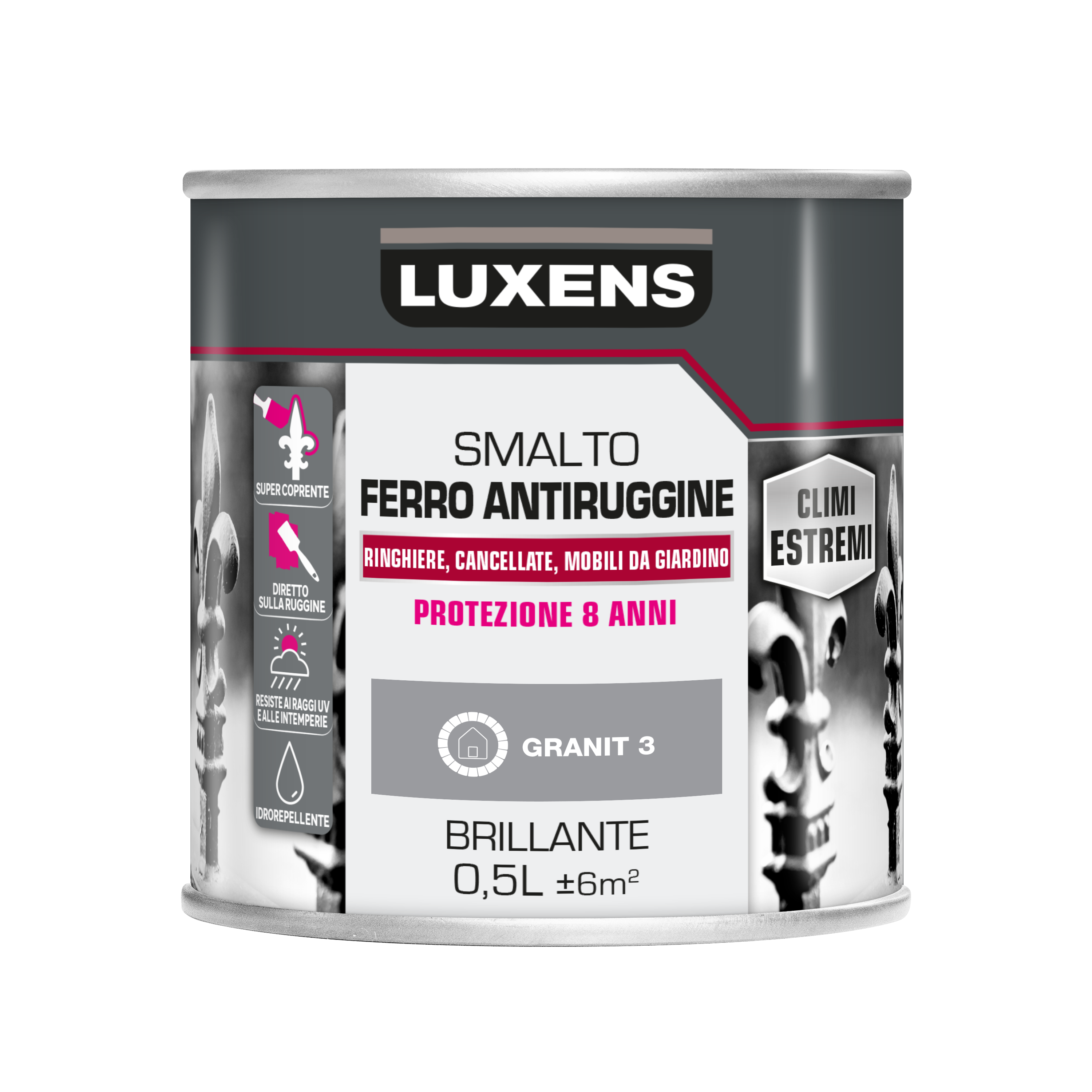 Vernice da esterno antiruggine per ferro LUXENS Climi estremi grigio granito lucido, 0.5 l - 5