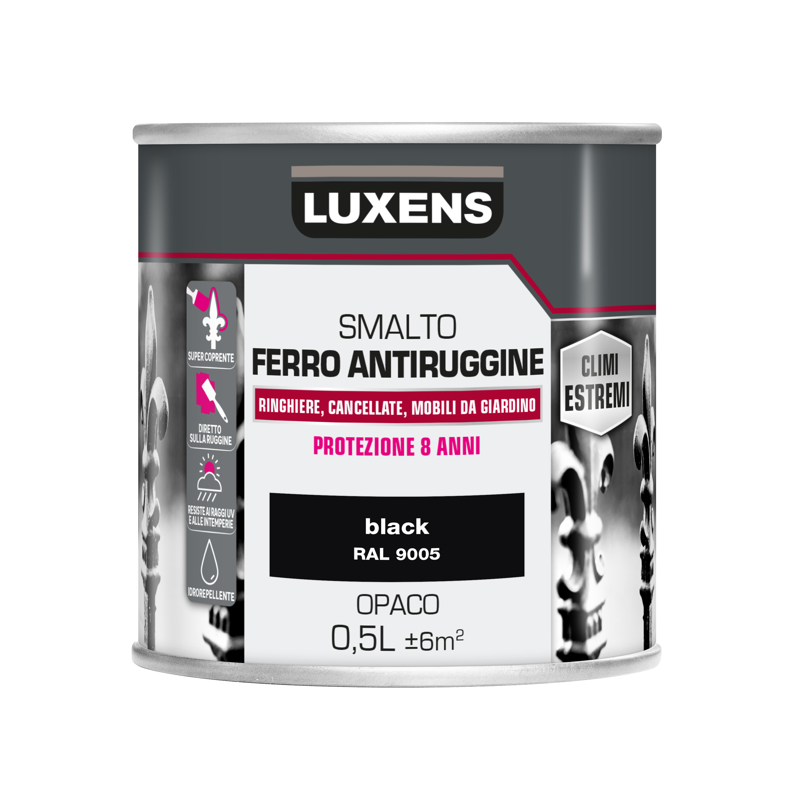 Vernice da esterno antiruggine per ferro LUXENS Climi estremi nero opaco, 0.5 l - 5