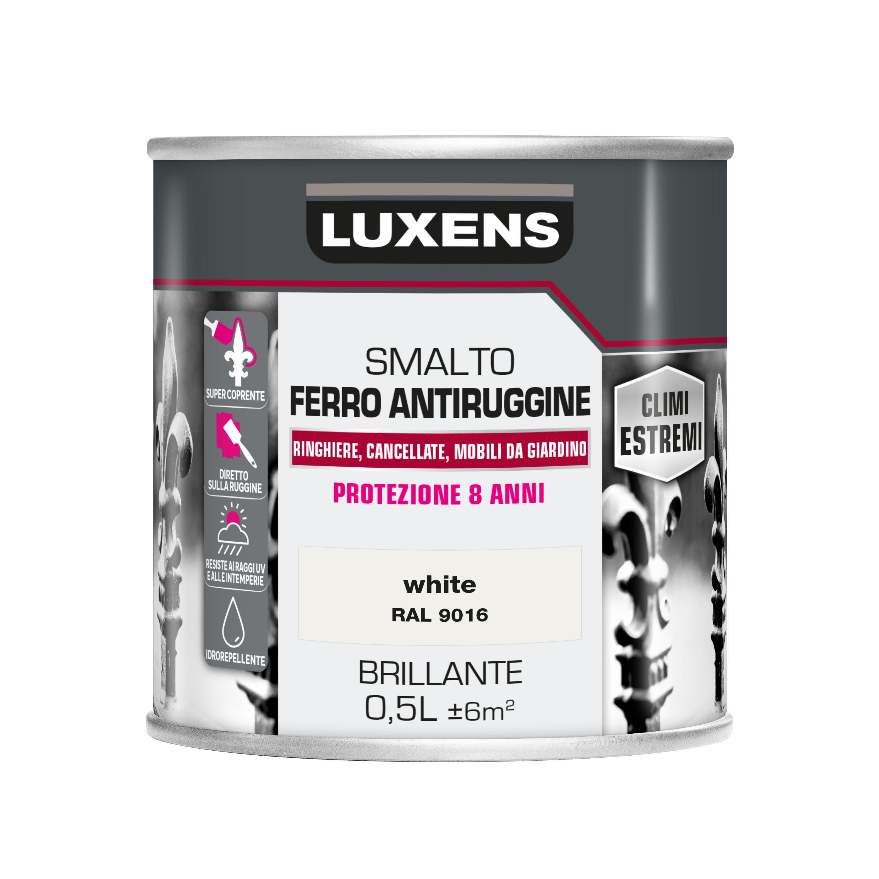 Vernice da esterno antiruggine per ferro LUXENS Climi estremi bianco ral 9016 lucido, 0.5 l - 5