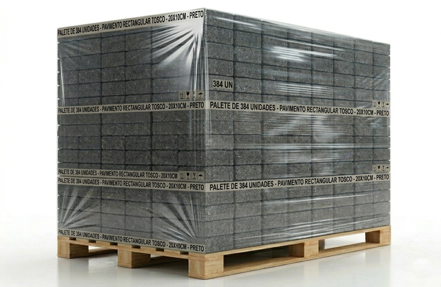 Palete de 384 unidades de Pavimento rectangular tosco 20x10 cm preto