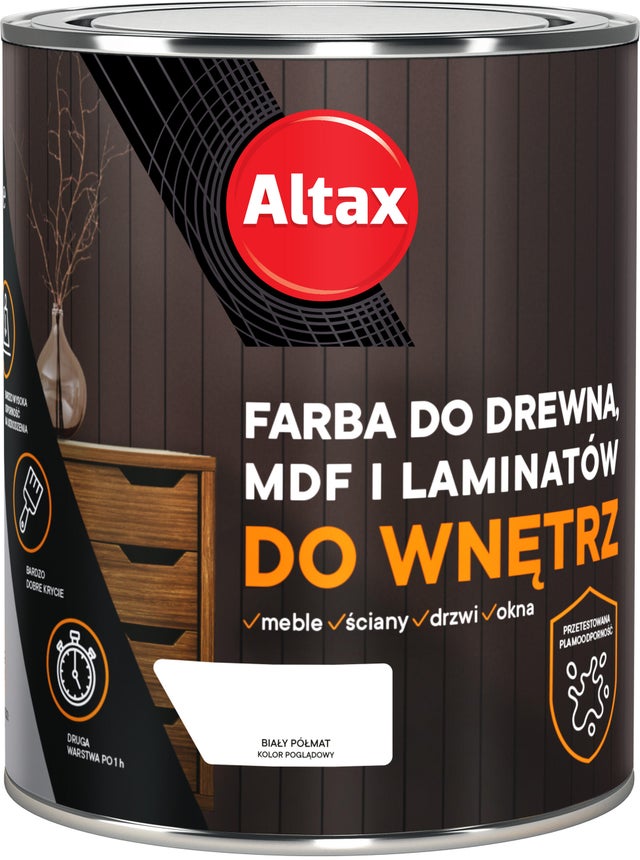 Farba do drewna, MDF i laminatów Altax biały półmat 0,75l